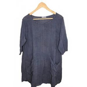 Made In Italy Blue Linen Cotton Weave Top With Large Pockets 3/4 Sleeves M.
